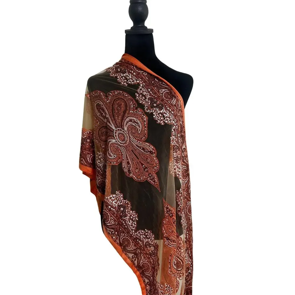 Womens Burnout Scarf Orange Brown Paisley Tassel Fringe Wrap Shawl Boho Festival